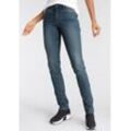 Slim-fit-Jeans ARIZONA "Bund mit seitlichem Gummizugeinsatz", Damen, Gr. 34, N-Gr, blau (blau, used), Denim/Jeans, Obermaterial: 98% Baumwolle, 2% Elasthan, Basic, slim fit lang, Jeans, schmale Passform, Röhrenjeans, Used-Waschung, hohe Leibhöhe, Topseller