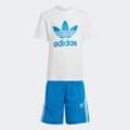 T-Shirt & Shorts ADIDAS ORIGINALS "ADICOLOR SHORTS UND SET" Gr. 104, blau (blaubird), Kinder, Obermaterial: 70% Baumwolle, 30% Polyester. T-Shirt: 100% Baumwolle, KOB Set-Artikel