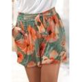 Shorts LASCANA Gr. 34, N-Gr, bunt (grün, orange bedruckt), Damen, Jersey, Obermaterial: 100% Viskose, bedruckt, Hosen Shorts Strandshorts, aus Viskosejersey mit Alloverdruck und Taschen, kurze Hose, sommerlich