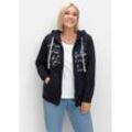 Kapuzensweatjacke SHEEGO "Große Größen", Damen, Gr. 48, blau (marine), Obermaterial: 100% Baumwolle, bedruckt, casual, figurumspielend normal, Rundhals, Langarm, Sweatjacken, mit Print und Kängurutasche