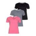 T-Shirt H.I.S "Essential-Basics", Damen, Gr. 52/54, bunt (schwarz, pink, rauchblau), Single Jersey, Obermaterial: 100% Baumwolle, Basic, figurumspielend hüftlang, V-Ausschnitt, Kurzarm, Shirts, figurumspielender Schnitt, aus Baumwolle