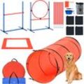 Hunde-Agility-Trainingsausrüstung, 5-teiliges Kombinationsset mit verstellbaren hohen Hürden, 6 Slalomstangen, Tunnel, Sprungring, Pausenbox, Pfeife,