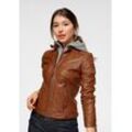 Lederjacke MAURITIUS "Junja", Damen, Gr. XS/34, braun (cognac), Obermaterial: 100% Schafsleder. Futter: 100% Baumwolle. Ärmelfutter: 100% Polyester. Kapuze: 55% Baumwolle, 45% Polyester, sportlich, sehr figurbetont kurz, Langarm mit Reißverschluss, Jacken, mit abnehmbarem Kapuzen-Einsatz und aufwendigen Biker-Details