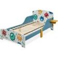 Kinderbett, hbt: 60x94x143 cm, Kleinkindbett mit Ablage, Rausfallschutz, Lattenrost, Monster-Motiv, mdf, bunt - Relaxdays