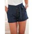 Shorts LASCANA, Damen, Gr. 34, N-Gr, blau (marine), Web, Obermaterial: 58% Viskose, 28% Baumwolle, 14% Leinen, modisch, figurumspielend kurz, Hosen Shorts Strandshorts, und Knopfleiste, kurze Hose, Leinenhose, Sommerhose