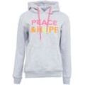 Kapuzensweatshirt ZWILLINGSHERZ Gr. L/XL, grau, Damen, Obermaterial: 50% Baumwolle, 50% Polyester, Sweatshirts, mit "Peace & Hope"-Stickerei in Neonfarben und pinker Kordel