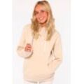 Hoodie ZWILLINGSHERZ "Happy and Beautiful", Damen, Gr. S/M, beige, Sweatware, Obermaterial: 50% Baumwolle, 50% Polyester, unifarben mit Farbeinsatz, modisch, regular fit normal, hoch geschlossener Ausschnitt, Langarm angesetztes Bündchen, Sweatshirts, mit gleichfarbiger Smiley-Stickerei und Bindebänder mit Schriftzug