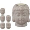 6 x Buddha Teelichthalter, Keramik, Buddha-Kopf für Teelicht, Zen-Deko für Wohnzimmer & Bad, Feng Shui Deko, grau