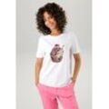 T-Shirt ANISTON CASUAL Gr. 32/34, weiß (weiß, braun, beige, rot) Damen Shirts mit Glitzersteinchen verzierter Cupcake-Frontdruck