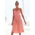 Sommerkleid LASCANA, Damen, Gr. 34, N-Gr, rot (rot, creme, bedruckt), Web, Obermaterial: 58% Viskose, 28% Baumwolle, 14% Leinen, bedruckt, modisch, figurumspielend ca. Mitte Wade, V-Ausschnitt, ohne Ärmel, Kleider, aus Leinenmix, Midikleid, Strandkleid, Druckkleid