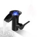 Wasserhahn Bad Wasserfall Messing Waschtischarmatur LED Bad Wasserhahn mit RGB 3 Farbewechsel Waschbecken Armatur Schwarz Einhebelmischer Warm und