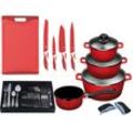 Topf-Set KING "»ALUGUSS« Aluminiumguss, Induktion, Antihaftbeschichtung", rot, 10 l, Töpfe, inkl. 4 Küchenmesser, 1 Schneidebrett, 1 Besteck-Set + Etui