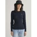 Strickpullover GANT "STRETCH COTTON CABLE C-NECK" Gr. XL, blau (evening blau), Damen, Strick, Obermaterial: 88% Baumwolle, 10% Polyamid, 2% Elasthan, Zopfmuster, Pullover, mit Logostickerei auf der Brust