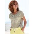 T-Shirt ELBSAND "Eldis", Damen, Gr. L (40), grün (khaki meliert), Single Jersey, Obermaterial: 50% Baumwolle, 50% Polyester, meliert, modisch, figurumspielend hüftlang, Rundhals, Kurzarm Aufschlag, Shirts, mit Logodruck, Kurzarmshirt aus Baumwoll-Mix, sportlich-casual