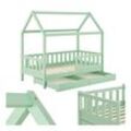 Juskys Kinderbett Marli 90 x 200 cm mit Bettkasten, Gitter, Lattenrost & Dach - Holz Hausbett Mint