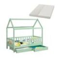 Juskys Kinderbett Marli 90 x 200 cm mit Matratze, Bettkasten, Gitter, Lattenrost & Dach - Bett Mint