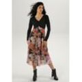 Midikleid ANISTON SELECTED, Damen, Gr. 34, N-Gr, bunt (schwarz, mauve, orange, braun, ocker, lila), Single Jersey, Mesh, Obermaterial: 95% Polyester, 5% Elasthan. Futter: 100% Polyester. Rock: 95% Polyester, 5% Elasthan, bedruckt, geblümt, feminin, figurumspielend Midi, V-Ausschnitt, Langarm, Kleider, mit Raffung am V-Ausschnitt