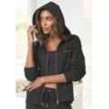 Kapuzensweatjacke LASCANA, Damen, Gr. 32/34, schwarz, Sweatware, Obermaterial: 50% Baumwolle, 50% Polyester, unifarben, casual, bequem, Langarm elastischer Bund, Sweatjacken, mit kupferfarbenen Reißverschluss und Logostickerei, Loungewear