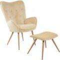 Ohrensessel mit Hocker york, Samt Bezug, bequem gepolstert, Fernsehsessel, Polstersessel, Farbe Ohrensessel:Beige - Albatros