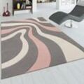 Paco Home Teppich Wohnzimmer Kurzflor 3D Effekt Modern Abstraktes Wellen Muster Grau Rosa 200x290 cm