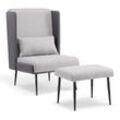 M MCombo Ohrensessel mit Hocker, Polstersessel Relaxsessel für Wohnzimmer, Lesesessel Bequem, Loungesessel Modern, Stoff/Kunstleder 4707 (Grau)