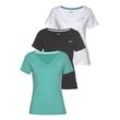 T-Shirt H.I.S "Essential-Basics", Damen, Gr. 32/34, blau (schwarz, weiß, türkis), Obermaterial: 100% Baumwolle, bestickt, Basic, figurumspielend hüftlang, V-Ausschnitt, Kurzarm, Shirts, hüftlange Passform, figurumspielender Schnitt, aus 100% Baumwolle