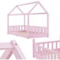 Kinderbett Marli 90 x 200 cm mit Rausfallschutz, Lattenrost und Dach - Massivholz Hausbett für Kinder - Bett in Rosa - Juskys