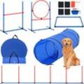 Hunde-Agility-Trainingsausrüstung, 5-teiliges Set mit verstellbaren hohen Hürden, 6 Slalomstangen, Tunnel, Sprungring, Pausenbox, Pfeife, faltbarer