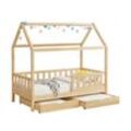 Juskys Kinderbett Marli 90 x 200 cm mit Bettkasten, Gitter, Lattenrost & Dach - Holz Hausbett Natur