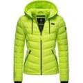 Steppjacke MARIKOO "Kuala", Damen, Gr. XS (34), grün (neongrün), Obermaterial: 100% Nylon; Futter: 100% Polyester; Wattierung: 100% Polyester; Ärmelfutter: 100% Polyester, casual, figurbetont hüftlang, hoch geschlossener Ausschnitt, Langarm eng Rippstrickbündchen kontrastfarben, Jacken, ultraleichte Übergangsjacke mit Kapuze