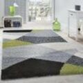 Paco Home - Shaggy Teppich Hochflor Langflor Weich Geometrisch Gemustert Grau Schwarz Grün 70x250 cm