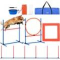 Hunde-Agility-Trainingsausrüstung, 4-teiliges Set mit verstellbaren hohen Hürden, 6 Slalomstangen, Sprungring, quadratischer Pausenbox, Pfeife,