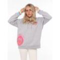 Hoodie ZWILLINGSHERZ "Always Happy" Gr. L/XL, grau, Damen, Obermaterial: 50% Baumwolle, 50% Polyester, unifarben, Sweatshirts, mit Smiley Aufdruck aus Frottee und Neon Details