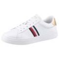 Plateausneaker TOMMY HILFIGER "ESSENTIAL COURT SNEAKER STRPS", Damen, Gr. 35, gold (weiß, goldfarben), Leder, Lederimitat, sportlich, Schuhe, Freizeitschuh, Halbschuh, Schnürschuh mit typischen Streifen