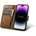 2in1 Leder Flip Cover iPhone 14 Pro Max Anti-RFID Oil Wax Wallet Case hellbraun