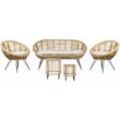 4-Sitzer Lounge Set Natürlich Rattan 5-Teilig Gartensofa 2 Gartenstühle und 2 Couchtische mit Schwarzem Metallgestell Auflagen Hellbeige Garten