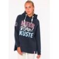 Hoodie ZWILLINGSHERZ "Meer Strand Küste", Damen, Gr. S/M, blau (marine), Sweatware, Obermaterial: 50% Baumwolle, 50% Polyester, unifarben mit Farbeinsätzen, modisch, lässig geschnitten normal, hoch geschlossener Ausschnitt, Langarm angesetztes Bündchen, Sweatshirts, mit Kapuze, Pailletten-Schriftzug und aufgesticktem Anker-Motiv