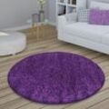 Paco Home - Teppich Rund Hochflor Wohnzimmer Shaggy Langflor Weich Flauschig Modern Unifarben ø 120 cm Rund, Lila