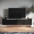 SONNI TV Board Möbel Hängend TV Schrank Board mit 2 Klapptüren Schwarz Hochglanz 140x35x30cm mit Einstellbar LED Beleuchtung