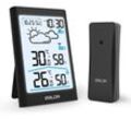 Drahtlose Wetterstation, Thermometer, Hygrometer, Barometer für drinnen und draußen, mit Sensor, LED-Hintergrundbeleuchtung, Digitaluhr, Alarm und