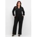 Jumpsuit SHEEGO BY JOE BROWNS "Große Größen", Damen, Gr. 46, Normalgrößen, schwarz, Obermaterial: 70% Viskose, 26% Polyamid, 4% Elasthan, unifarben, feminin, figurumspielend lang, V-Ausschnitt, Langarm, Overalls, mit Bindegürtel und Reißverschluss vorn