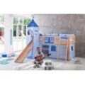 Spielbett KIM 90x200 cm, mit Rutsche, Turm Buche massiv natur lackiert Stoffset blau/delfin