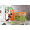 Spielbett KIM 90x200 cm, mit Rutsche, Turm Buche massiv natur lackiert Stoffset grün/orange