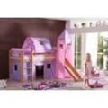 Halbhohes Spielbett ALEX mit Rutsche/Turm/Tunnel Buche massiv natur lackiert mit Stoffset purple/ros