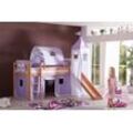 Halbhohes Spielbett ALEX mit Rutsche/Turm/Tunnel Buche massiv natur lackiert mit Stoffset purple/wei