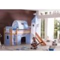 Halbhohes Spielbett ALEX mit Rutsche/Turm/Tunnel Buche massiv natur lackiert mit Stoffset blau/boy