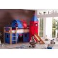 Halbhohes Spielbett ALEX mit Rutsche/Turm/Tunnel Buche massiv natur lackiert mit Stoffset blau/rot