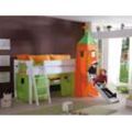 Spielbett KIM 90x200 cm, mit Rutsche,Turm Buche massiv weiß lackiert Stoffset grün/orange