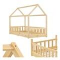 Juskys Kinderbett Marli 90 x 200 cm mit Rausfallschutz, Lattenrost & Dach - Holz Hausbett Natur