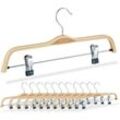 Relaxdays Kleiderbügel Hosen & Röcke, 12er Set, 2 bewegliche Klammern, B: 37,5 cm, Holz, drehbarer Haken, natur/silber